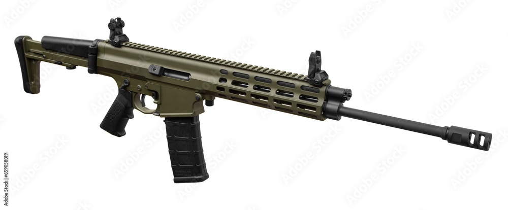 Modern automatic rifle isolated on white background. Weapons for police, special forces and the army. Automatic carbine with mechanical sights. Khaki assault rifle. Isolate on a white back