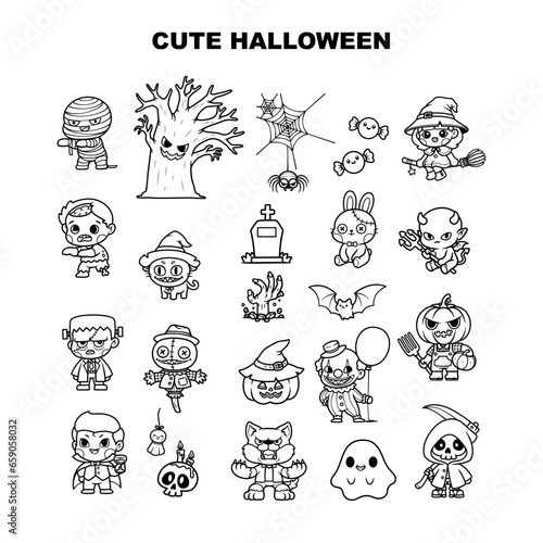 Set of cute Halloween Element line clipart, bundle of Halloween cartoon, isolated vector illustration, adorable mascot character