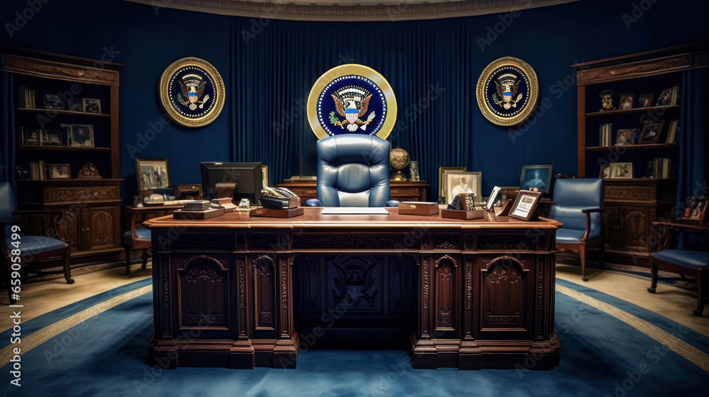 Secretary desk of the office of the president of the United States of America presidential room Generative AI Illustration - obrazy, fototapety, plakaty 