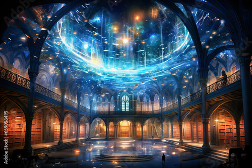 Panoramic view of the interior of a library with futuristic architecture and a glass dome Generative AI Illustration