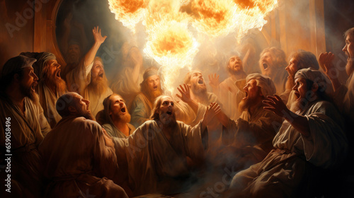 Illustration of the Apostles of Jesus Christ gathered in the upper room praying and receiving the Holy Spirit in the form of fire Generative AI