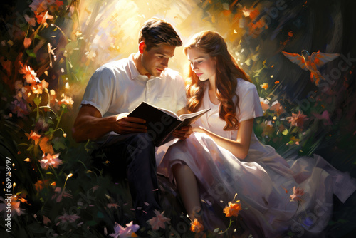Illustration of a romantic young couple together sitting in the forest surrounded by natural beauty reading a book Generative AI