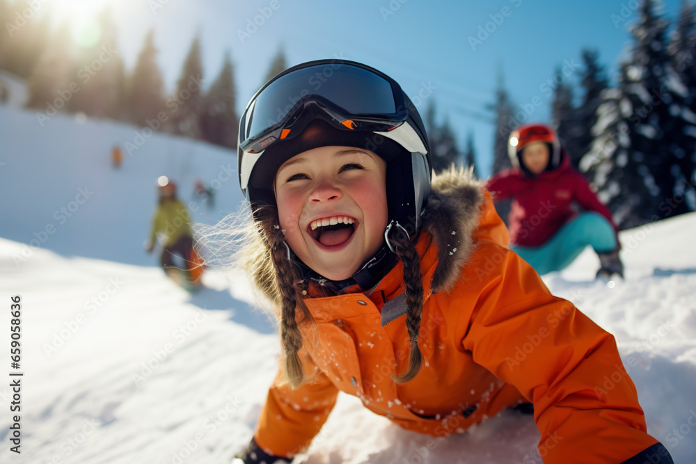 Children having fun on the snowboard track Children having fun on the snowboard track
