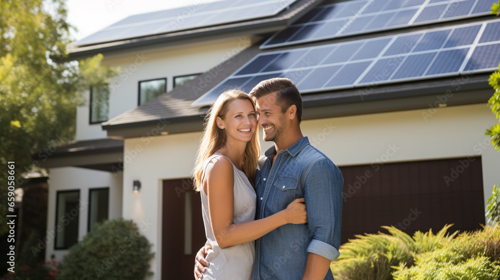 young couple in the city with solar panels.