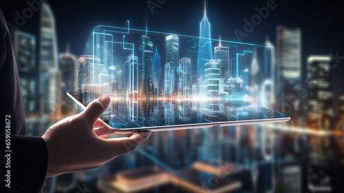 businesswoman using digital tablet with night city view on background