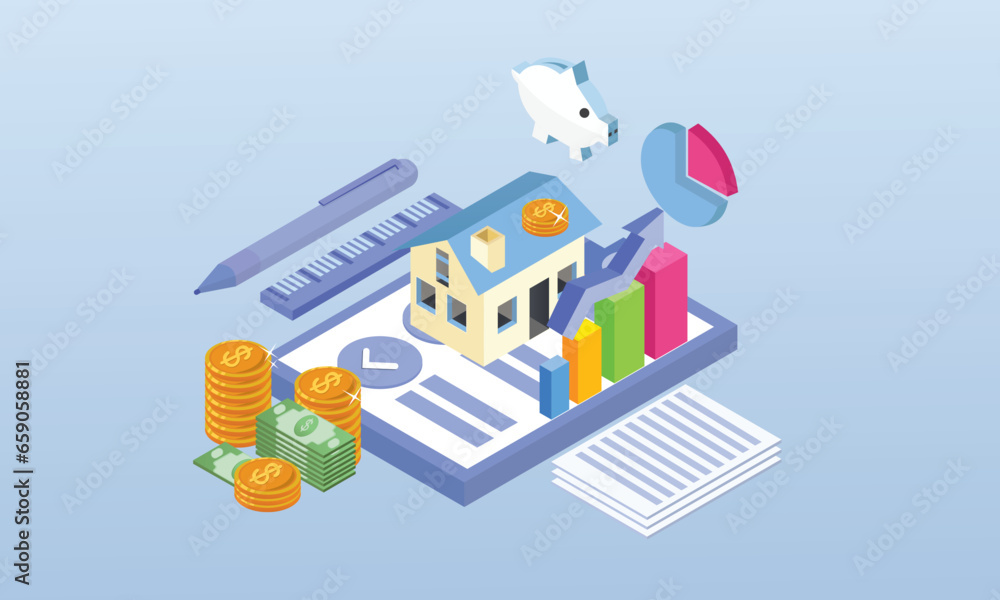 Obraz premium Real Estate Agent. House Loan, Rent and Mortgage Concept.on blue background.3D design.isometric vector design Illustration.