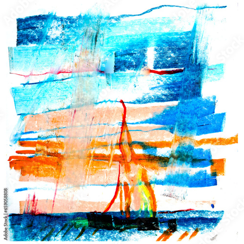 Ocean, sea, water and sailboat. Abstract colorful drawing with colored wax crayons. Psychedelic abstract painting. Template for printing on paper and fabric. Art, picture, poster on the wall.