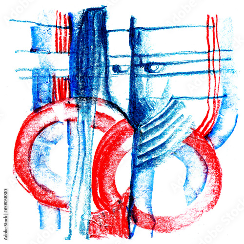 Blue-red strokes, person, face, curls. Abstract colorful drawing with colored wax crayons. Psychedelic abstract painting. Template for printing on paper and fabric. Art, picture, poster on the wall.