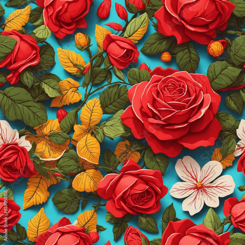 Wallpaper Mural Red Roses Green Leaves Seamless Pattern Colorful Digital Background Floral Design - ai generated Torontodigital.ca