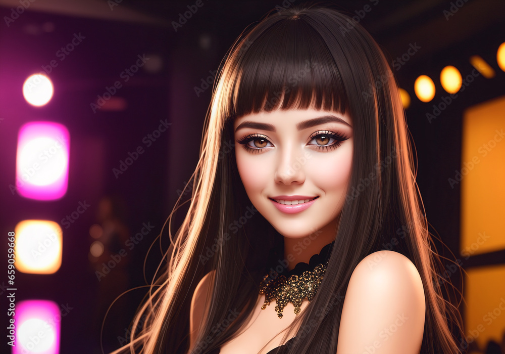 Portrait of a beautiful young brunette woman in a night club. Portrait of a beautiful young brunette woman in a night club.