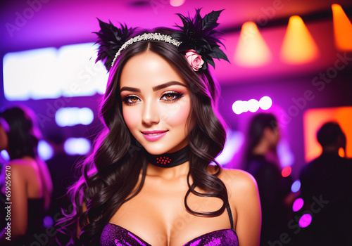 Portrait of a beautiful young brunette woman in a night club.