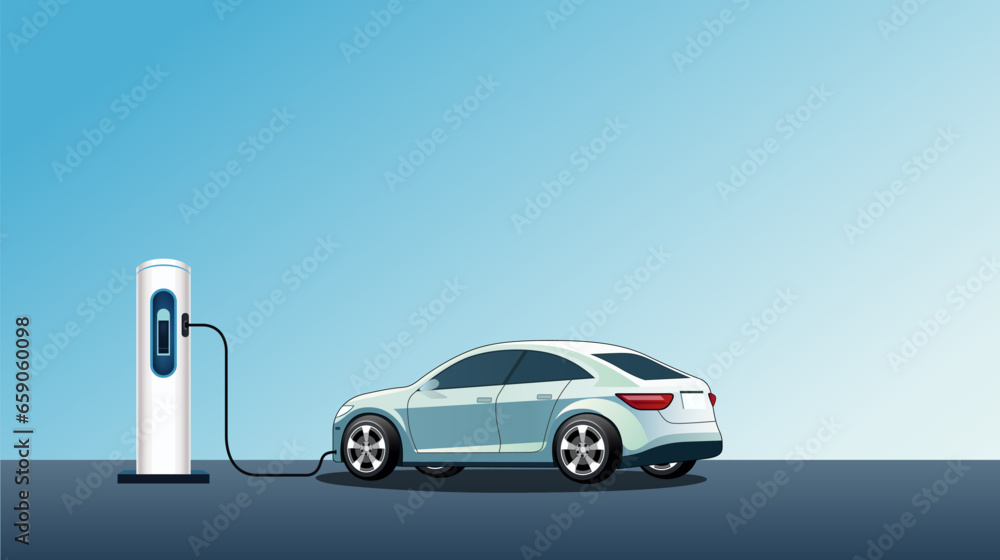 Electric EV car charging battery on the road. Concept of protecting the environment, loving the earth, Save for the world. Ready to apply to your design. Vector illustration.