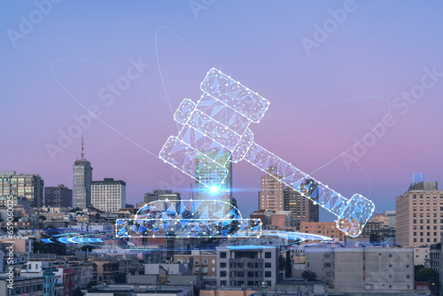 Panoramic cityscape view of San Francisco Nob hill area  sunset  midtown skyline  California  United States. Glowing hologram legal icons. The concept of law  order  regulations and digital justice