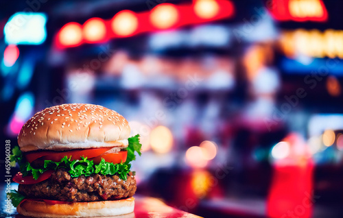 Hamburger on the street at night, close-up.