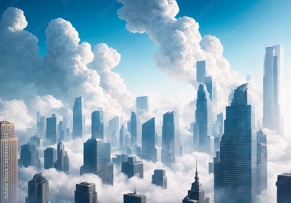 Futuristic cityscape with skyscrapers and blue cloudy sky Futuristic cityscape with skyscrapers and blue cloudy sky