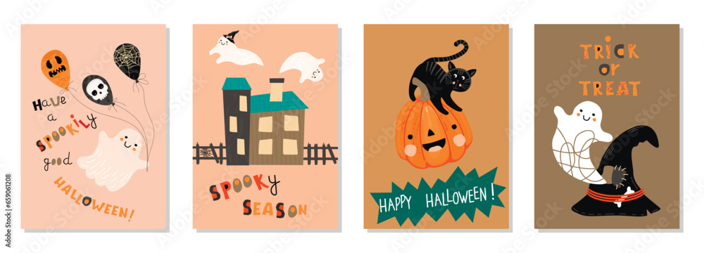 Collection funny Halloween greeting cards  with handwritten text and cute characters.Cartoon pumpkin,ghosts and black cat.House with a fence, witch hat and balloons.Vector hand drawn illustration.