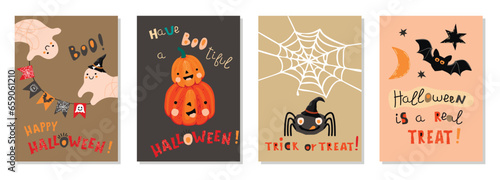 Collection of Halloween greeting cards with lettering and funny characters.Cute ghosts, spider with web, bat and pumpkins.Set of cartoon hand drawn posters or banners.Autumn holidays vector  postcard.