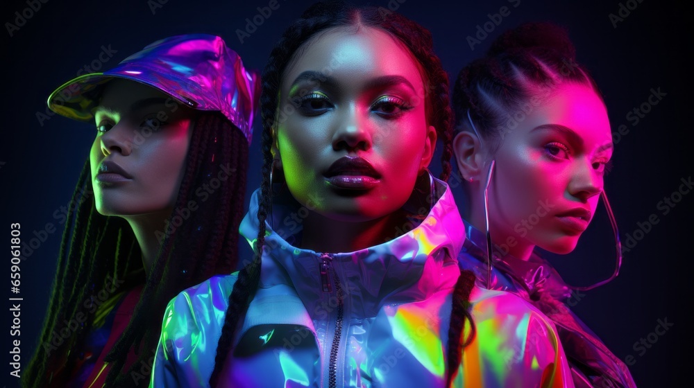 Portrait of a three young women, generation z, concepts of youth, people lifestyle, diversity, teenage and urban life, neon colors Portrait of a three young women, generation z, concepts of youth, people lifestyle, diversity, teenage and urban life, neon colors