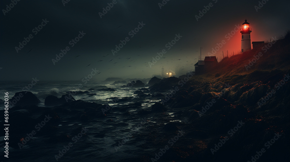 Fantasy landscape with a lighthouse on the coast in the foggy night. 3d rendering. Conceptual illustration.
