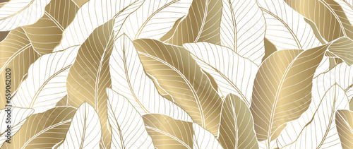 Vector luxury botanical background with golden and white banana leaves. Gold background for decor, wallpaper, covers, cards and presentations.