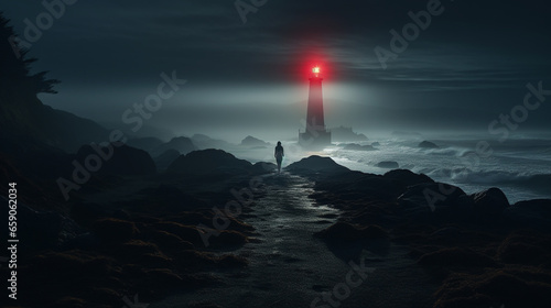 Fantasy landscape with a lighthouse on the coast in the foggy night. 3d rendering. Conceptual illustration.
 photo