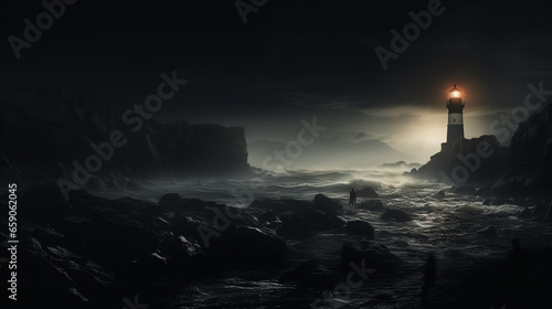 Fantasy landscape with a lighthouse on the coast in the foggy night. 3d rendering. Conceptual illustration. 