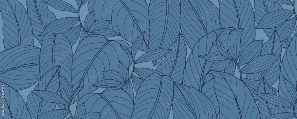 Blue tropical background with various tropical plants and leaves. Vector background for decor, wallpaper, covers, cards and presentations.