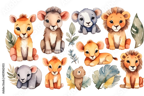 set of watercolor cute safari lion and leaves isolated on transparent background