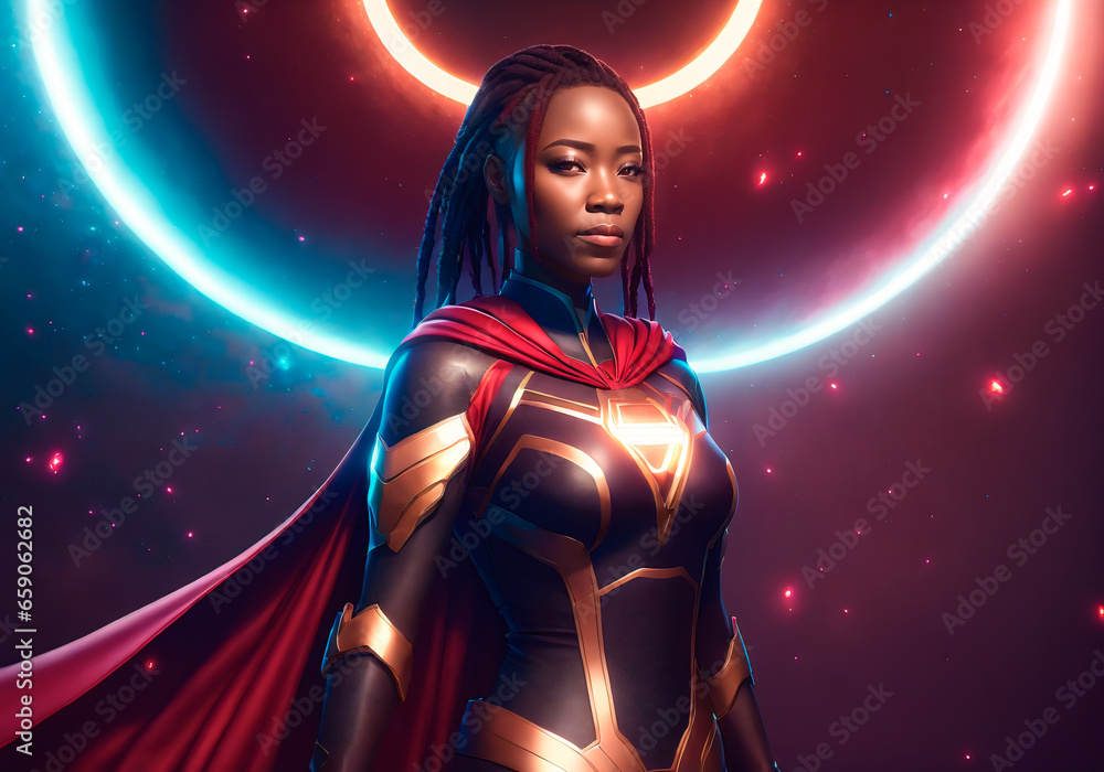 Fantasy portrait of a beautiful african american women in a red superhero costume. Fantasy portrait of a beautiful african american women in a red superhero costume.