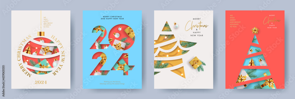Ταπετσαρία Xmas modern design set in paper cut style with Christmas tree, ball, star golden blue and white gifts, pine branches, lights and number 2024