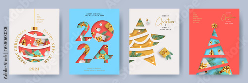 Xmas modern design set in paper cut style with Christmas tree, ball, star golden blue and white gifts, pine branches, lights and number 2024. Christmas cards, posters, holiday covers or banners photo