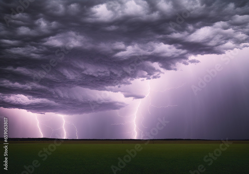 Thunderstorm over a green meadow. Dramatic sky with lightning.