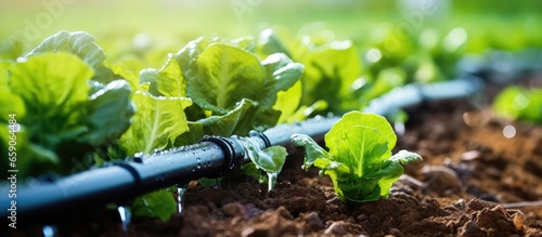Close up of a water efficient drip irrigation system in an organic salad garden