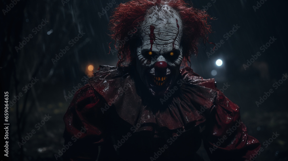A terrifying photograph of a clown in the obscurity. A terrifying photograph of a clown in the obscurity.