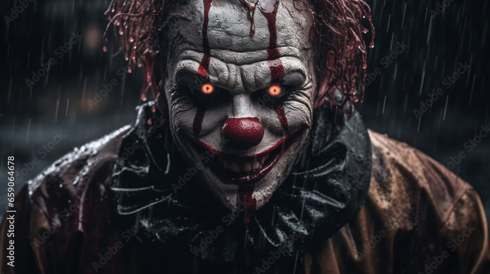 A terrifying photograph of a clown in the obscurity. A terrifying photograph of a clown in the obscurity.