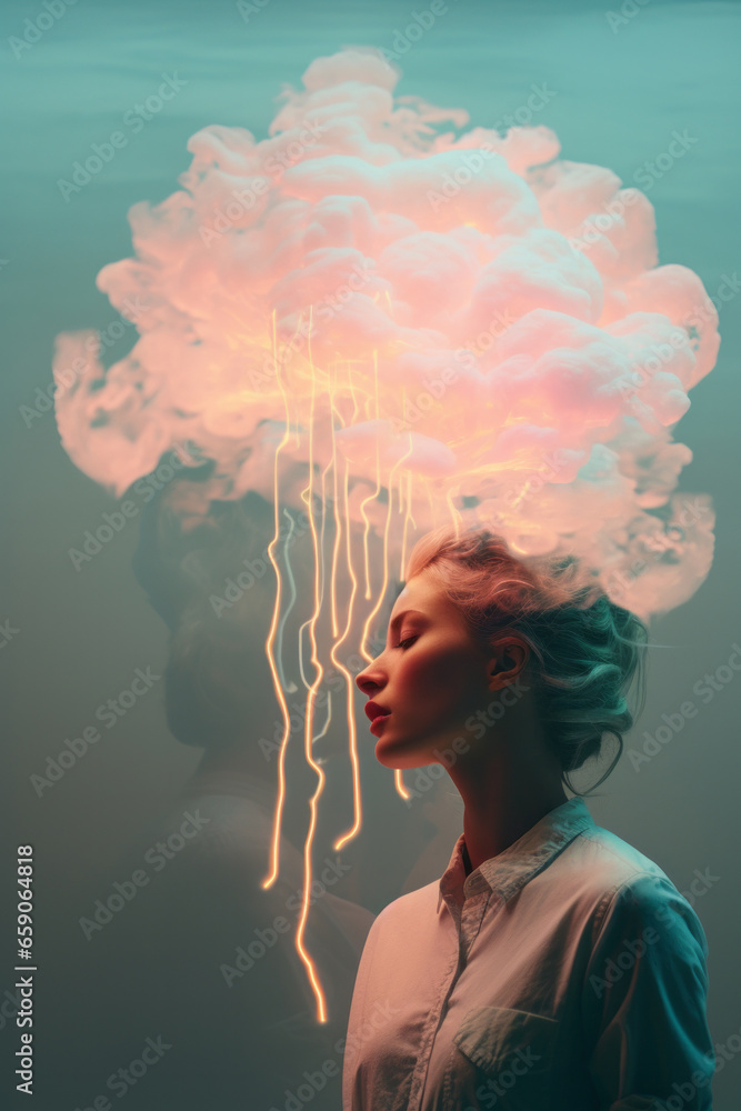 A woman stands amidst a cloud of smoke, her tangled thoughts and emotions swirling around her like a jellyfish, her clothing like a coelenterate, drifting in the mysterious atmosphere