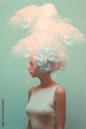 A tangled web of thoughts and emotions surrounds this mysterious woman with white hair, adorned by a luminous halo of light, captivating the viewer with her enigmatic beauty, mental health burnout co