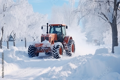 the tractor cleans the snowdrifts. generative ai. heavy snowfall paralyzed the city.