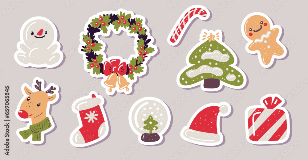 A set of stickers for Christmas. Vector illustration in the flat style.