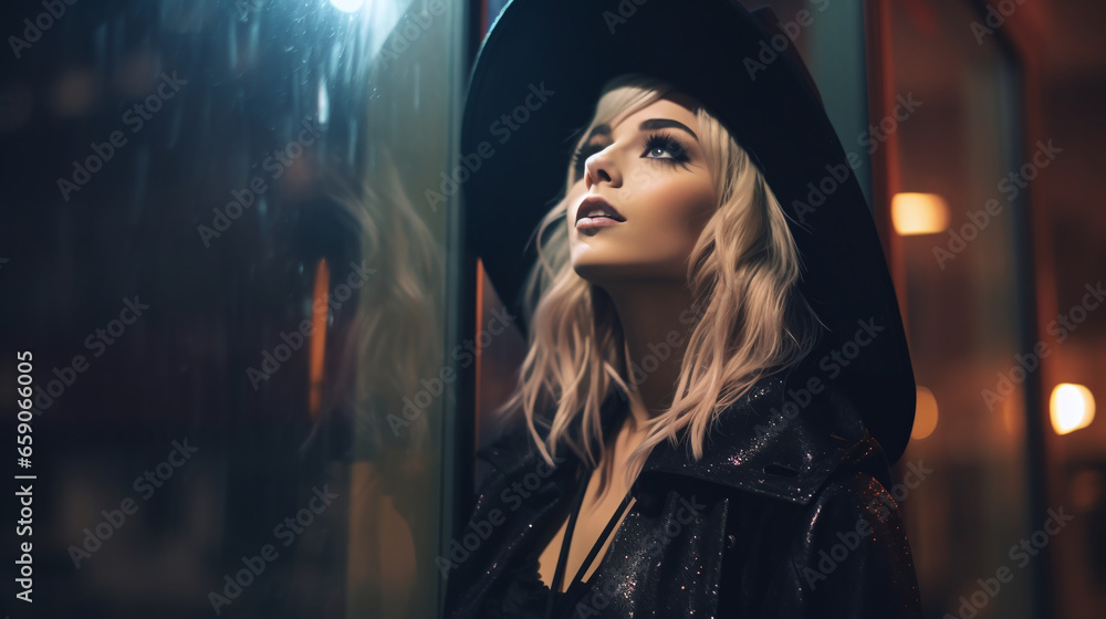 Fototapeta premium Lady donning a witch outfit at a Halloween party.