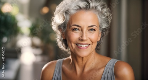Beautiful gorgeous 50s mid age beautiful
elderly senior model woman with grey hair
laughing and smiling. Mature old lady close
up portrait. Healthy face skin care beauty,
skincare cosmetics