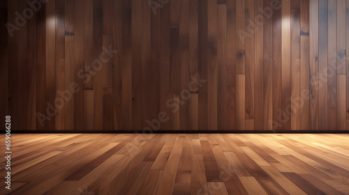 Walnut wood floor with wall background. Generative AI photo