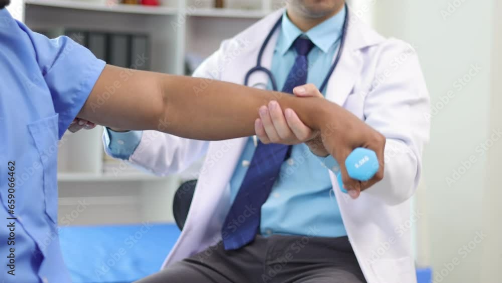 Doctor in hospital is practicing physical therapy on the arm of a male patient who is lifting a dumbbell. Doctor in hospital is practicing physical therapy on the arm of a male patient who is lifting a dumbbell.