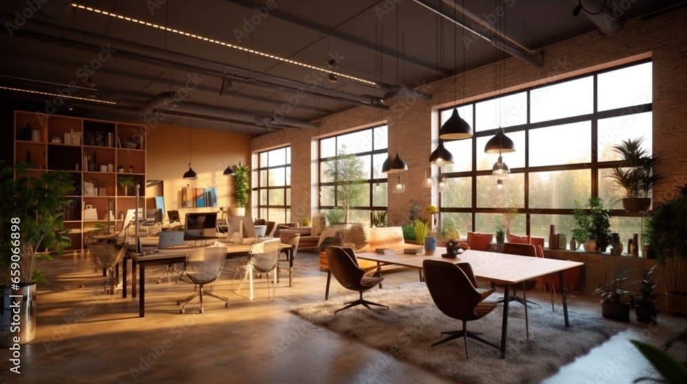 Interior of cozy empty modern coworking office.Generative AI Interior of cozy empty modern coworking office.Generative AI