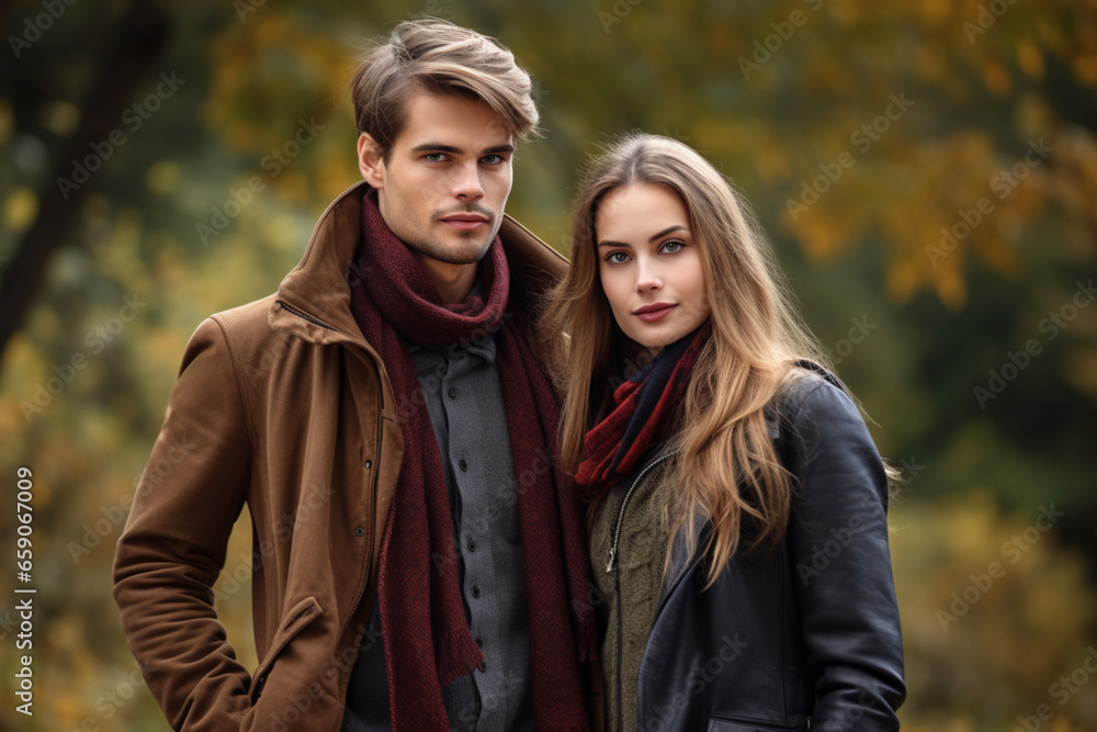 A beautiful couple posing for the camera on an autumn day A beautiful couple posing for the camera on an autumn day