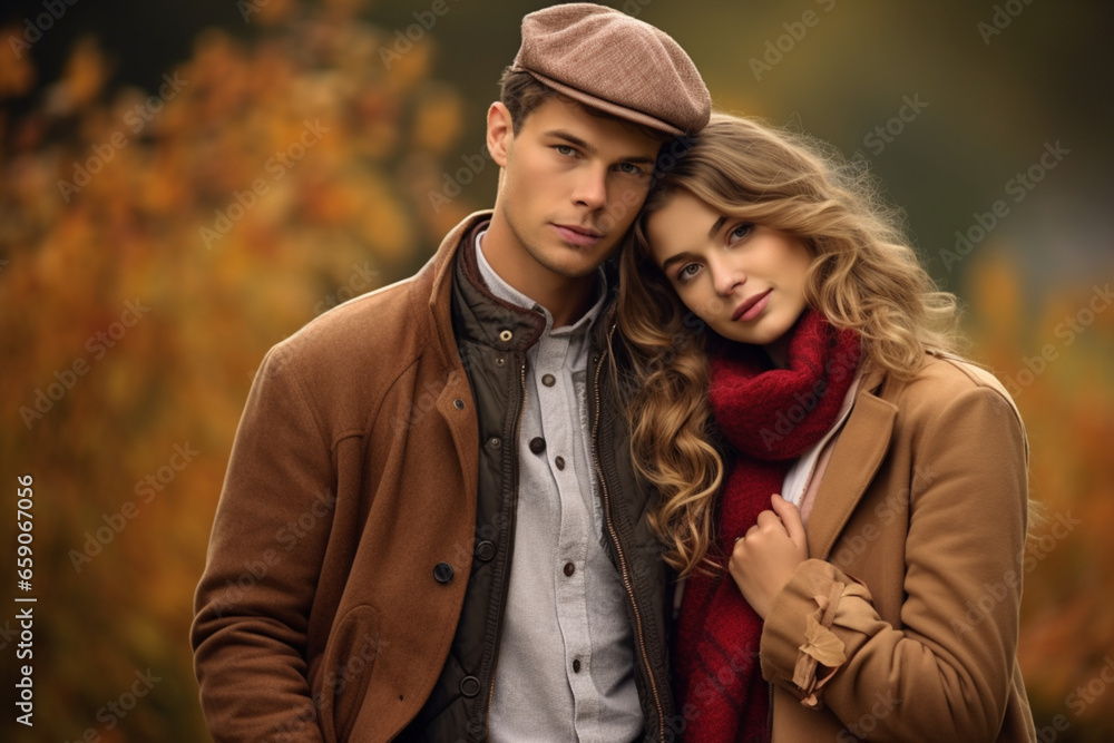 Fototapeta premium A beautiful couple posing for the camera on an autumn day