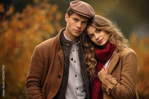 A beautiful couple posing for the camera on an autumn day