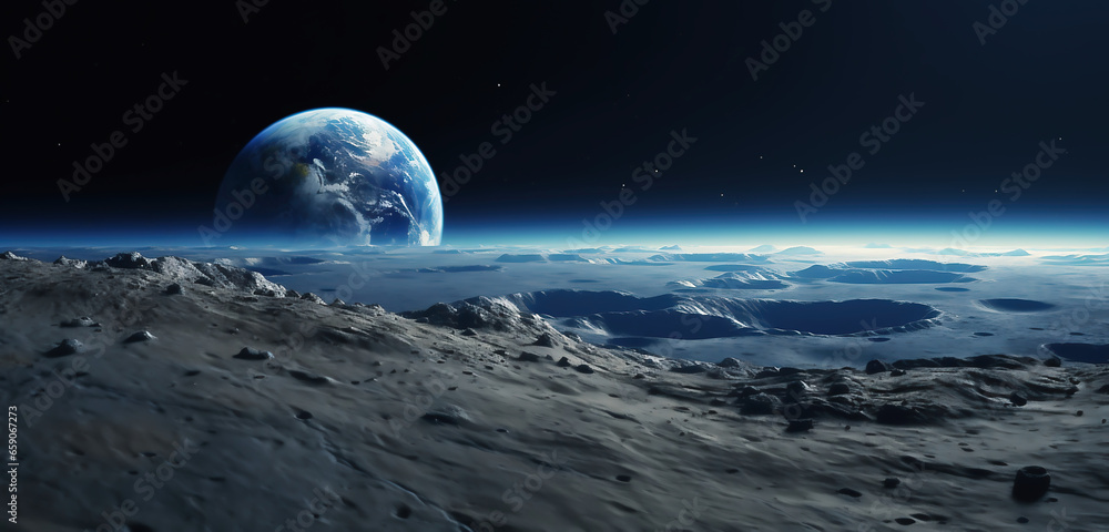 Earth globe, blue planet on dark background. View of the planet looming from the moon's surface. Generative artificial intelligence