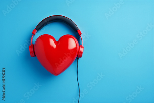 Red color headphones on an empty blue background, symbolize passion for music.