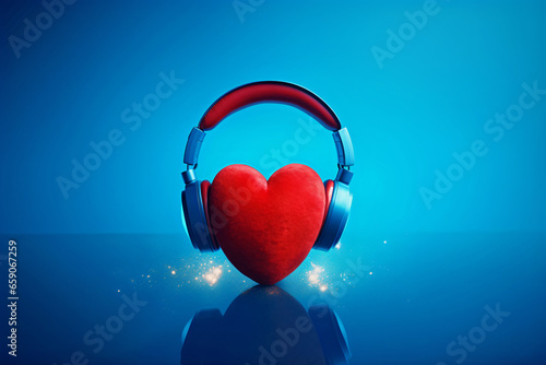 Red color headphones on an empty blue background, symbolize passion for music.